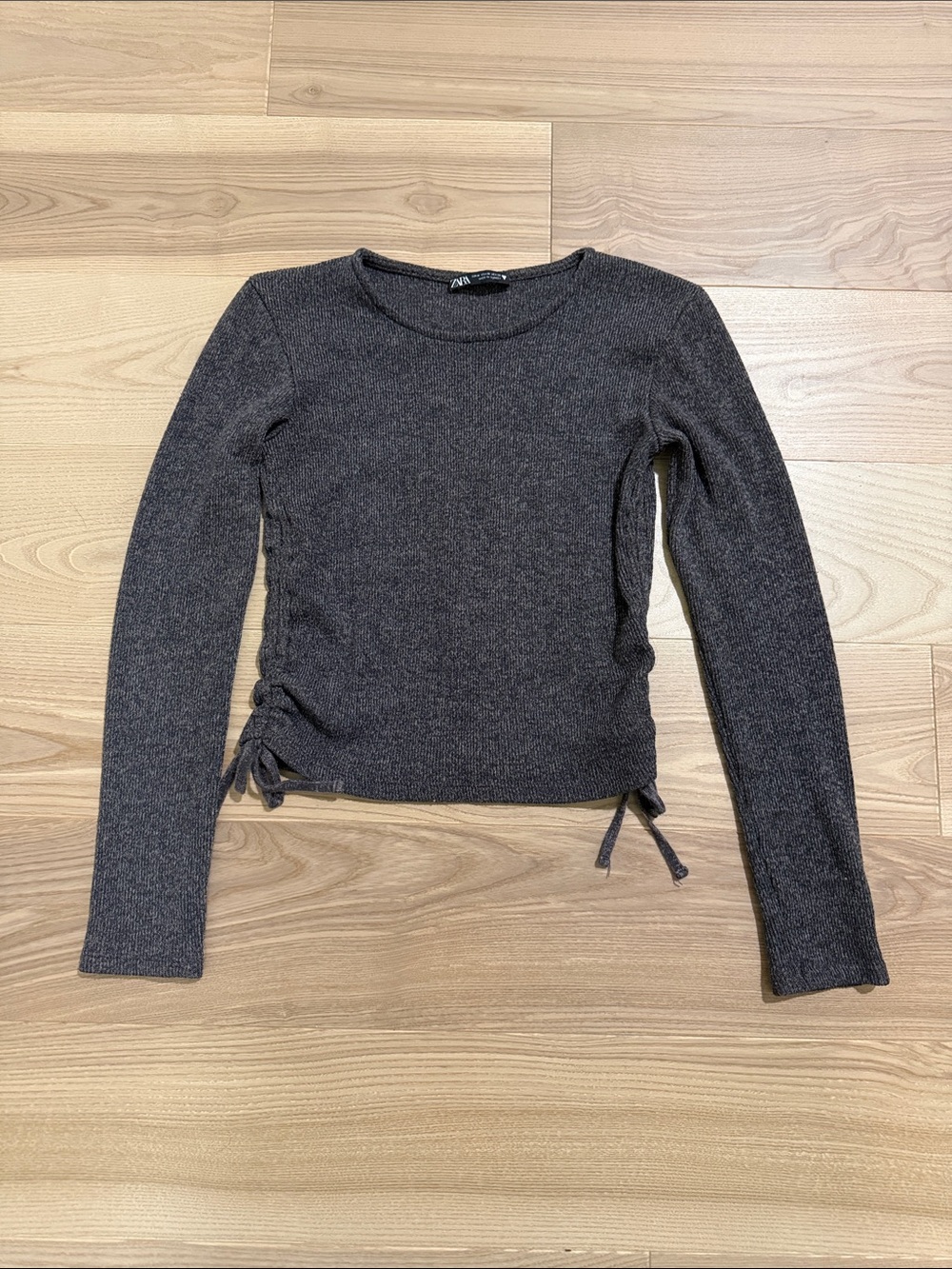 Zara Dark Charcoal Gray Long Sleeve Knit Top with Side Ties